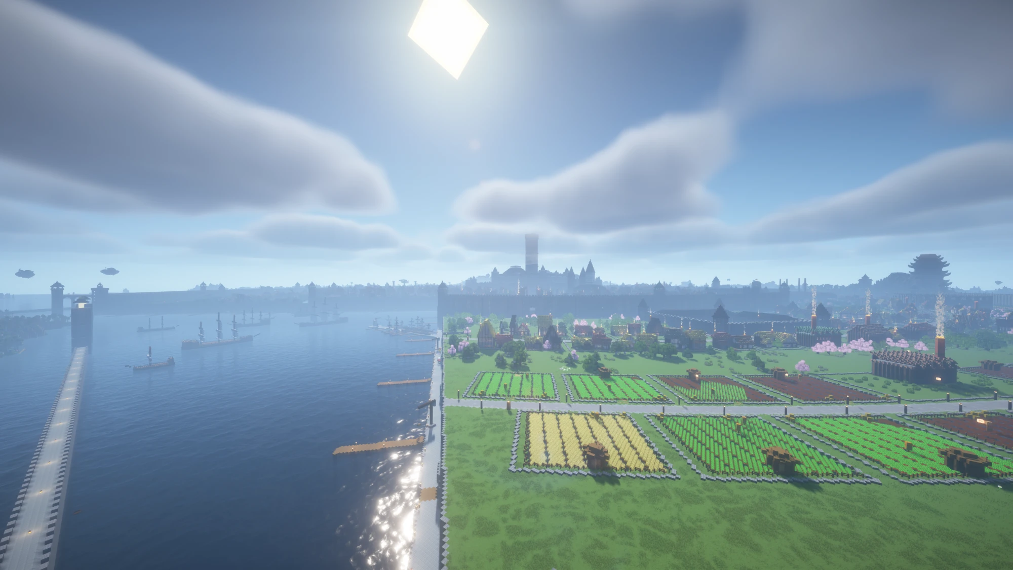 A Crown & Cog harbour city, fields and airships